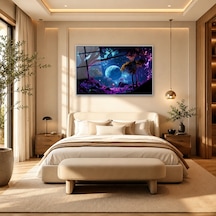 Neon Işıklı Fantastik Orman Gümüş Çerçeveli Cam Tablo