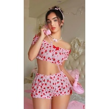 Ang Butik Kadın Pembe Çilek Desenli Şortlu Sütyen Takımı Çok Renkli