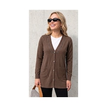 Onno Style Women Yakası Taşlı Çelik Örgü Triko Kadın Ceket Kahverengi