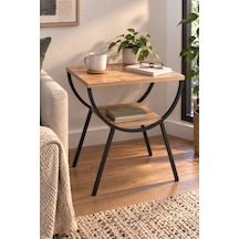 Sulorahome Ceviz Desenli Metal Ayaklı Çift Raflı Yan Sehpa Komodin