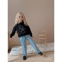 Cg Kids Nakışlı Pul İşlemeli 2 Iplik Sweatshirt Alt Üst Taş İşlemeli Kot Jean Pantolon Takım Alt Üst Siyah