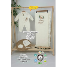 Gros Shop Müslin Yeni Doğan 4katlı Organik %100pamuk Kişiye Özgü Nakışlı Hastane Çıkış Seti Kurt Model-1 Ekru-2