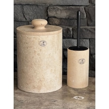 Yeni Traverten Doğaltaş Kendinden Kulplu 2 Li Banyo Takımı Büyük Çöp Kovalı 26x20 Beyaz