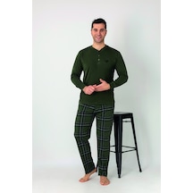 Estiva Erkek Kareli Alt Desenli Haki Uzun Kollu Patlı Penye Pijama Takımı Çok Renkli