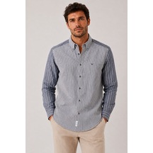 Slim Fit Uzun Kol Çift Desen Yaka Düğmeli Keten Likra Cepsiz Hediye Kutulu Erkek Gömlek Fs-004578 - Lacivert-3322