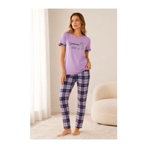 Kadın Pamuklu Penye Summer Baskılı Kısa Kollu Pijama Takımı Bisiklet Yaka Ekose Desenli - Lila
