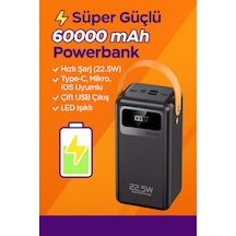 60000 Mah Ultra Kapasiteli Powerbank Hızlı Şarj, Type-c & İos Giriş, 2 Çıkışlı, Led Işıklı Siyah - 744530293 Siyah