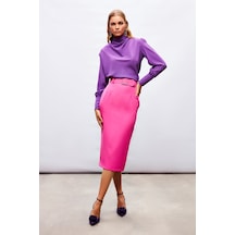 Sateen Kemerli Kalem Etek - Fuşya
