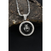 Grek Desenli Kral Taclı Aslan Figürlü 925 Ayar Gümüş Kolye Kral Zincir 2mm 901862