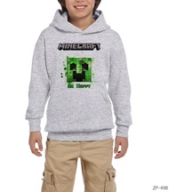 Minecraft Be Happy Gri Çocuk Kapşonlu Sweatshirt