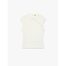 Koton Slim Fit Dik Qipao Yaka Kolsuz Düğmeli Dantelli Bluz Beyaz 7wak10208ek
