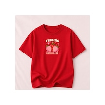 Herkesemoda Feelıng Baskı Detaylı Kadın Bisiklet Yaka Pamuklu T-shirt Kırmızı