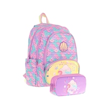 Kaukko Kız Çocuklar İçin Okul Sırt Çantası L5225 Ve Üç Bölmeli Kalemlik L8225 Seti - Pembe Yeşil - Denizkızı Nakışlı Ve Baskılı Pembe - Yeşil