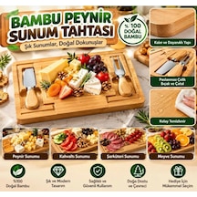Bambu Peynir Sunum Tahtası Seti 3 Parça Peynir Bıçağı Ve Çatalı Şarküteri Kahvaltı Servis Tabağı Açık Kahverengi