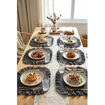 Pamuklu Fırfırlı Kare Supla 6'lı Set Amerikan Servis 33 Cm Supla Gri