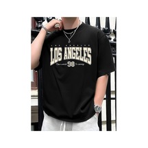Caddemia Yaz Moda Rahat Gevşek Artı Boyutu Los Angeles 98 Baskılı Spor Yuvarlak Boyun Siyah 2XL