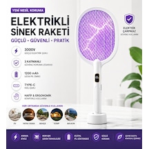 Dijital Ekranlı Şarjlı Sinek Raketi Usb Type-c Elektrikli Standlı El Tipi Mor Işıklı Sivrisinek Öldürücü Beyaz