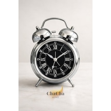 Chacha Home Eterna Bell Vintage Metal Çalar Saat & Premium Masaüstü Dekoratif Obje 22x16 Cm Gümüş