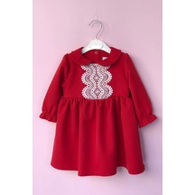 Dantel Detaylı Kırmızı Krep Kız Çocuk Bebek Elbise 001