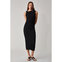 Ethıquet MORFY Kadın Slim Fit Midi Boy Bisiklet Yaka Kolsuz Siyah Elbise