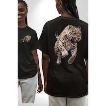 Jaguar Sırtından Çıkan Siyah Oversize Unisex Ön Ve Sırt Baskılı Tişört Siyah