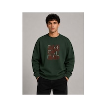Herkesemoda Ran Out Baskı Detaylı Bisiklet Yaka Şardonlu 2 İplik Sweatshirt Yeşil