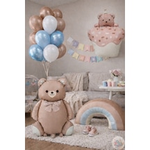 Ponçik Ayı Retro Gökkuşağı Balon Konsepti Kahverengi Ayıcık, Kek & Mavi Kahve Pastel Set Kahverengi