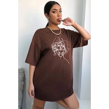 Unisex Woman One Line Baskılı T-shirt Kahverengi
