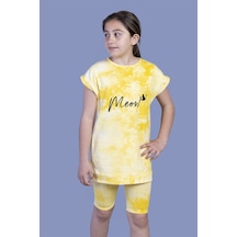 Toontoy Kids Kız Çocuk 2'li Takım Baskılı Bisiklet Yaka T-shirt & Basic Düz Crop Tayt Sarı