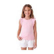 Onloox Kız Çocuk Pudra Kız Çocuk Pudra Pamuklu Penye Bisiklet Yaka Regular Fit Kolları Fırfırlı Tişört 3-5 Yaş