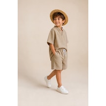 Eray Alp Kids Erkek Çocuk Bej Keten Tişört Şort Takımı Yazlık Günlük Model