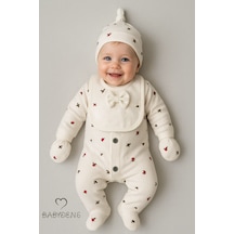 Babyden's 4 Lü Kız Bebek Fitilli Yenidoğan Tulum Seti %100 Pamuklu Hastane Çıkışı Tulum, Şapka, Eldiven, Önlük Ekru