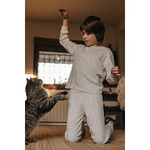 Antebies Organik Gots Sertifikalı Minik Kareler Desenli, Uzun Kollu Erkek Çocuk Pijama Takımı Gri