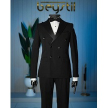 Bys Beystil Erkek Siyah Saten Yakalı Kruvaze Damatlık Ve Smokin Takım - Slim Fit