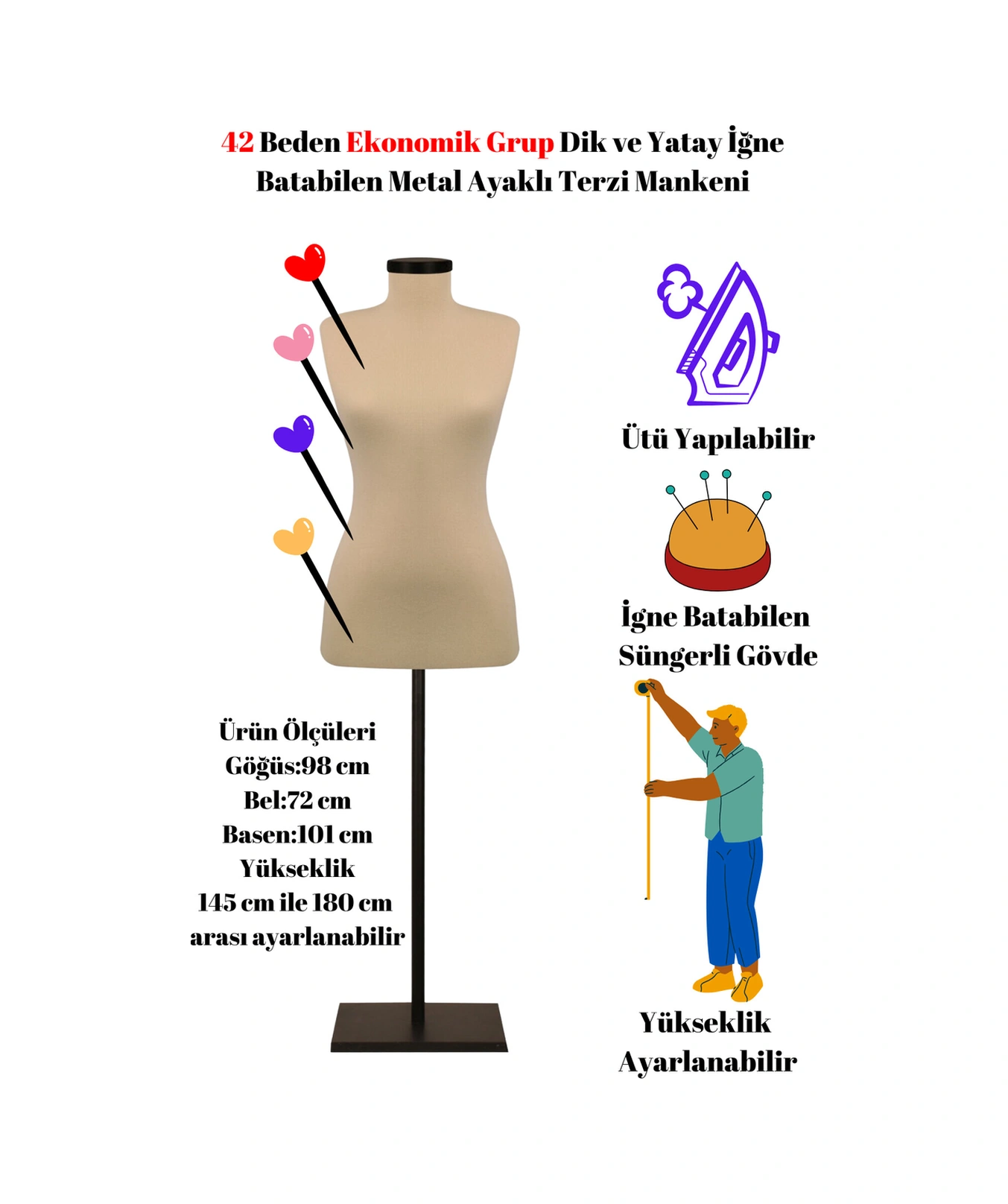 Ekonomik 42 Beden Dik Ve Yatay Iğne Batabilen Sünger Metal Ayaklı Terzi Mankeni Po-01 0006