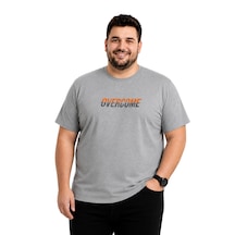 Battalmoda Erkek Büyük Beden Melanj Gri Bisiklet Yaka Kısa Kollu Overcome Tişört 3xl-4xl-5xl-6xl