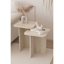 Kare Zigon Sehpa Takımı, 2 Li Set, Yan Sehpa - Traverten Desen