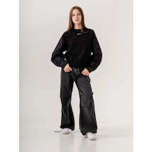 Kız Çocuk Mevsimlik Denim Kol 3 İplik Sweatshirt-14774 Siyah