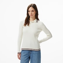 Nautica Kadın Krem Classic Fit Uzun Kollu Polo Yaka T-shirt Düz 57k113t Krem