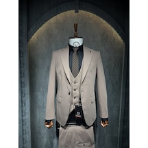 Dupont Classics Dupont Erkek Slim Fit 6 Drop Tek Düğme Çift Yırtmaç Likralı Zara Kumaş Yelekli Takım Elbise Açık Kahverengi