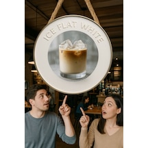 Ice Flat White Temalı Yuvarlak Cafe Tabelası, Jüt İpli Ahşap Duvar & Kapı Dekoru, Barista Süsü