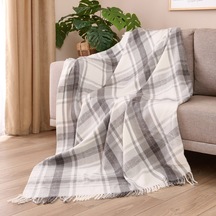 Soft Sim İp Detaylı Skoç Koltuk Şalı - Gri - 130x170 Cm Renkli