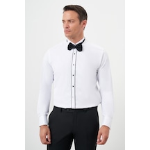 Morven Erkek Siyah Biyeli Düz Desen Ata Yaka Slim Fit Gömlek Siyah