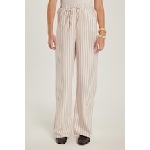 Tudors Slim Fit Dar Kesim Beli Bağcıklı Geniş Paça Pantolon-34654 Ekru - Kahverengi