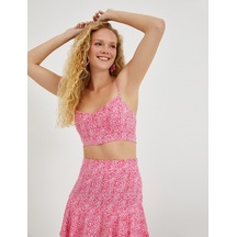 Koton Crop Büstiyer Desenli İnce Askılı Derin U Yaka Pembe Desenli 2sak30090pw