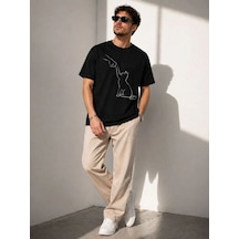 Vexor Erkek Minimal Kedi Çizim Baskılı Tişört Kısa Kol Yazlık T-shirt - Siyah 444349
