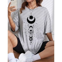 Ay Güneş T-shirt - Gri Baskılı Oversize Bisiklet Yaka Kısa Kol Tişört Gri