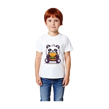 Paybuy Çocuk Karikatür Panda Burger Baskılı Kısa Kollu Tişört %100 Pamuk beyaz