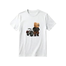 Erdem Kıds Unisex Kız Erkek Çocuk Baskılı Bisiklet Yaka Kısa Kollu Pamuklu Günlük T-shirt Motorcyclıng Bear Beyaz Motorcyclıng Bear Beyaz