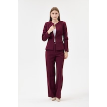 Velnara Moda Mürdüm Klasik Kadın Takım Elbise-sıfır Yaka Ceket & Boru Paça Cepli Pantolon Koyu Mürdüm - 927010459 Koyu Mürdüm